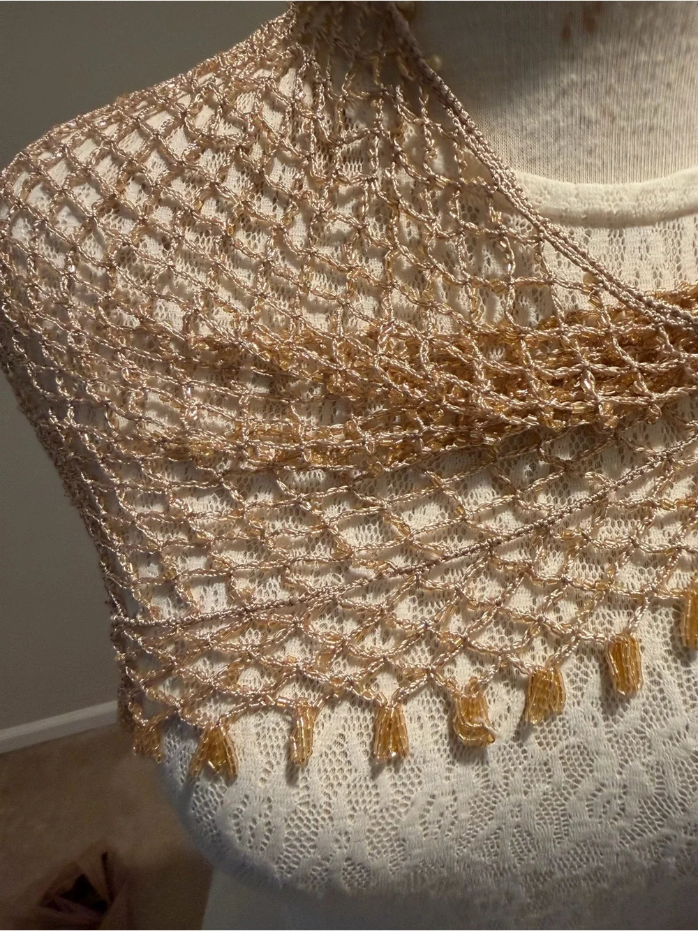Tan  Mesh Beaded Crochet Fringe Poncho/Shawl/Scarf. Cover Up. Tassels.